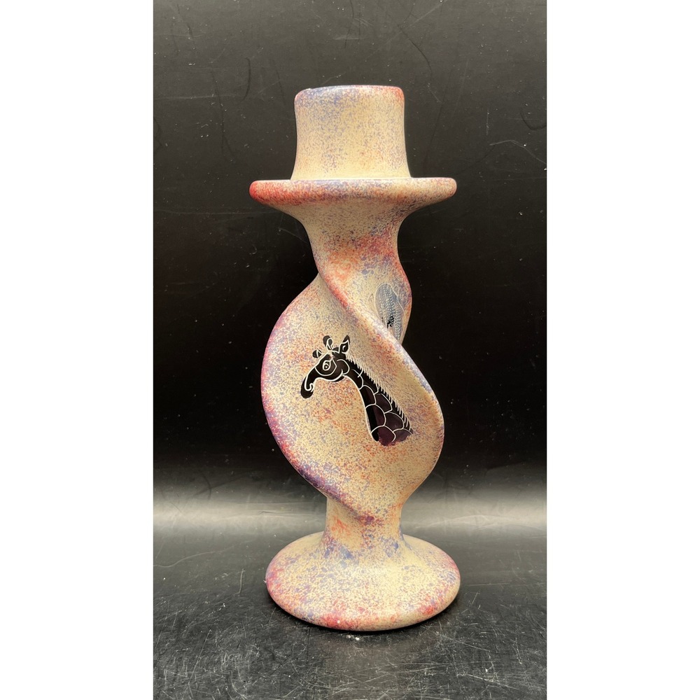 Unique Carved Soapstone Twisted Giraffe Candlestick Holder Decorative Signed 6"